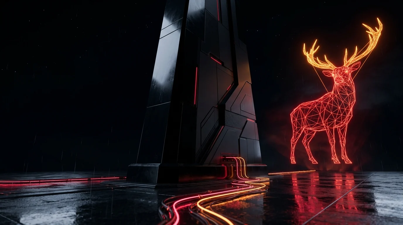 McCor Labs dark monolith architecture with glowing red stag